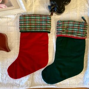 2 Red and Green Velveteen Christmas Stockings Satin Plaid Cuff